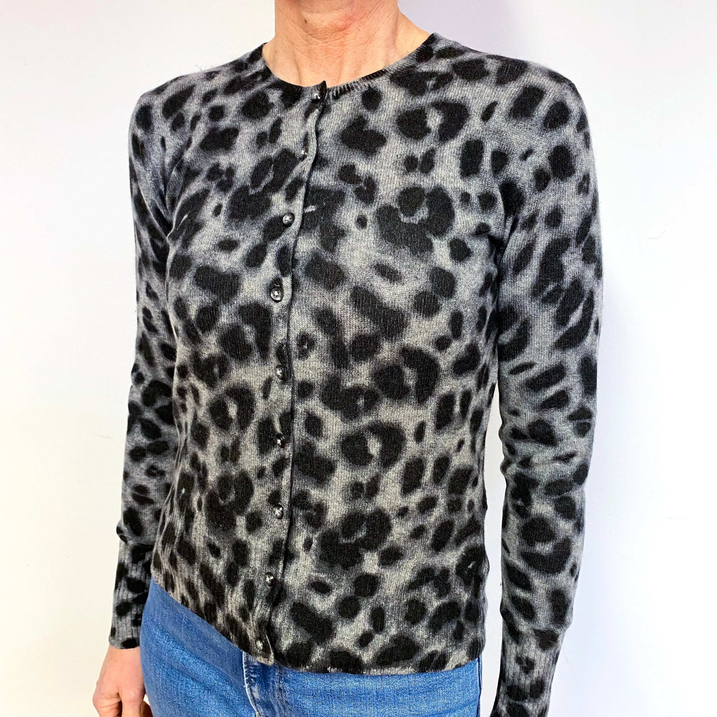 Grey Leopard Print Cashmere Crew Neck Cardigan Medium