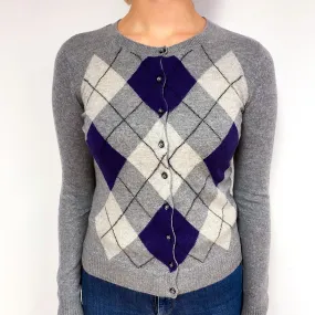 Grey Purple Diamond Cashmere Crew Neck Cardigan Small