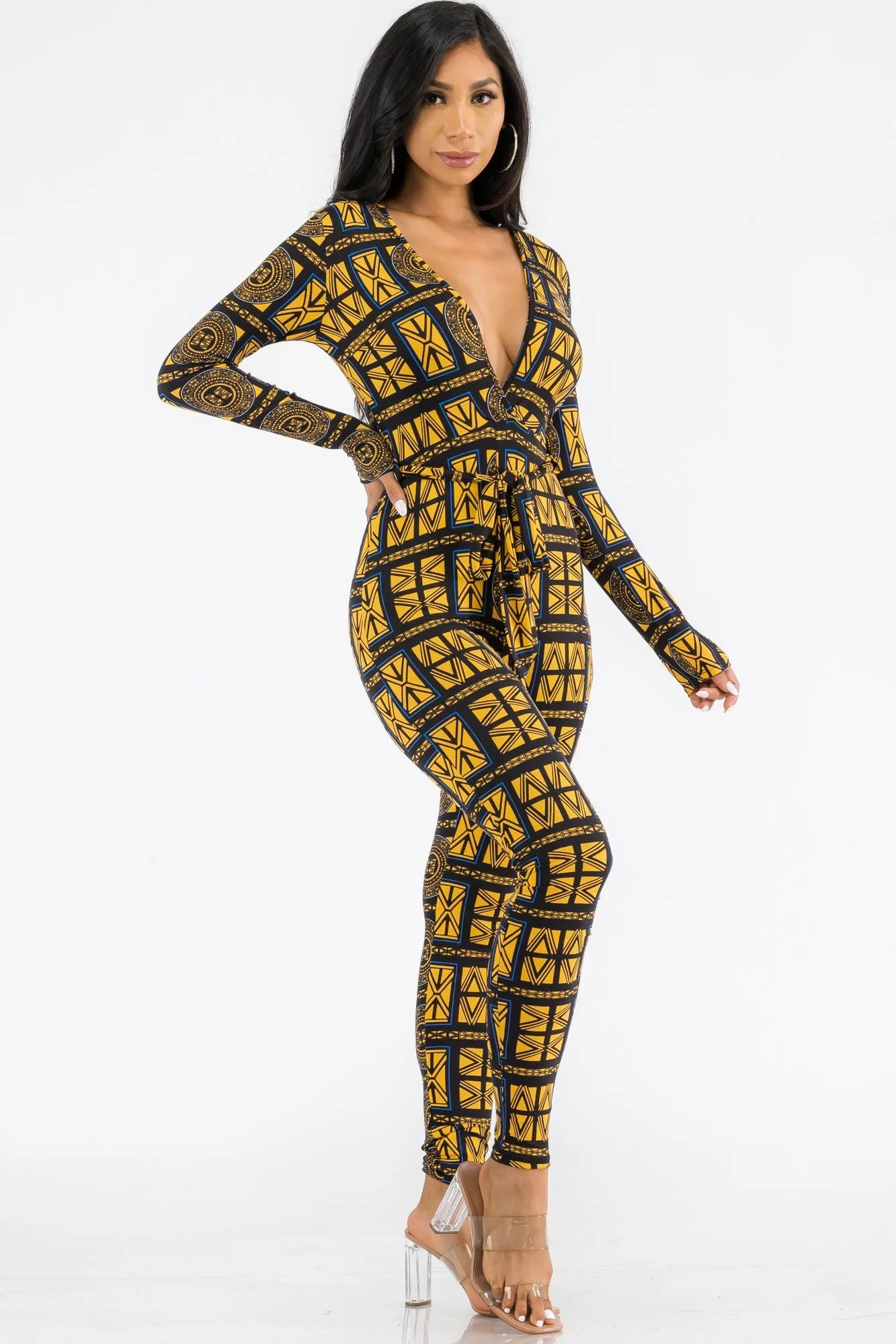 HH626R-TRIBAL - LONG SLEEVE BODYCON JUMPSUIT