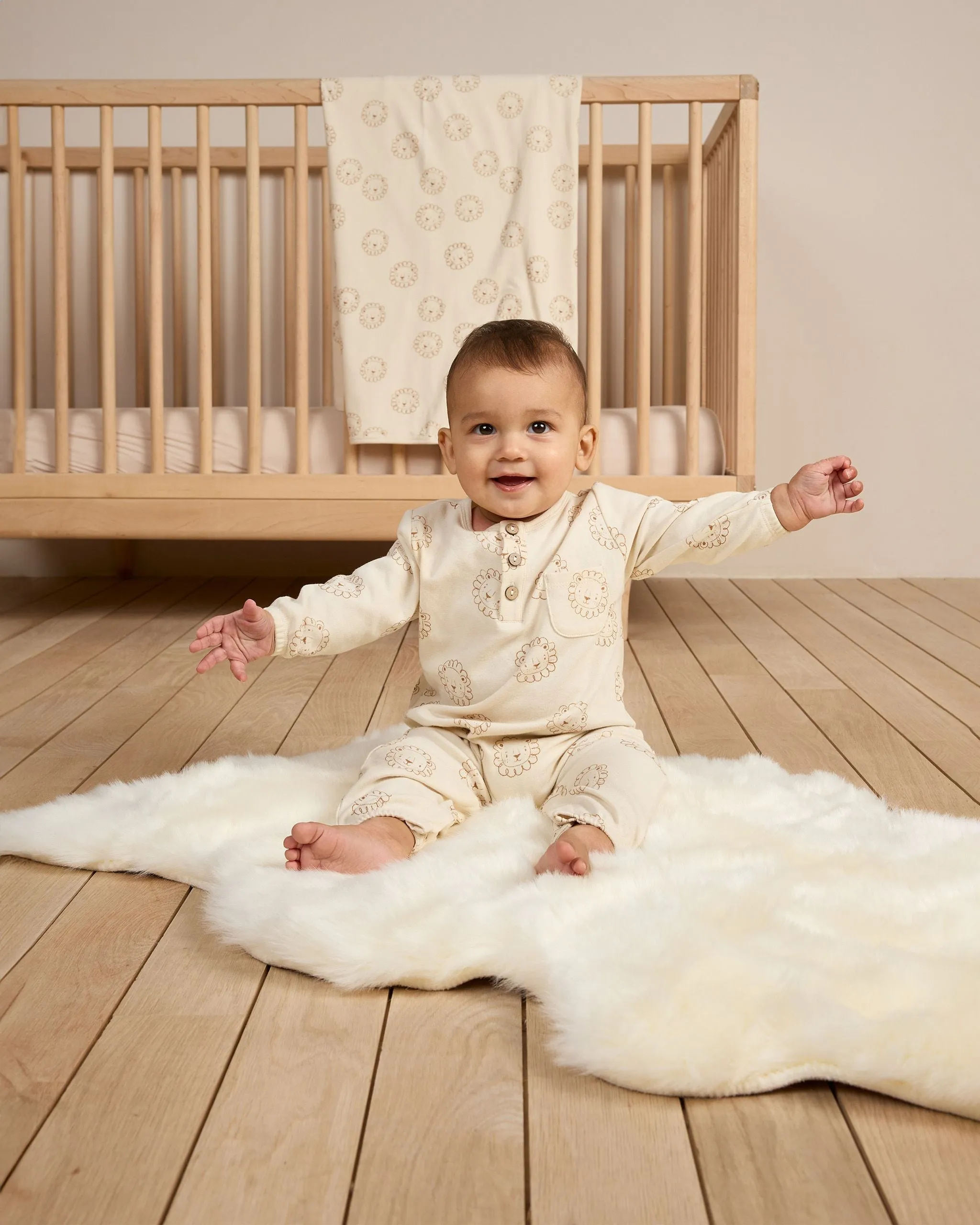 Long Sleeve Pocket Jumpsuit Lions - Natural by Quincy Mae - FINAL SALE