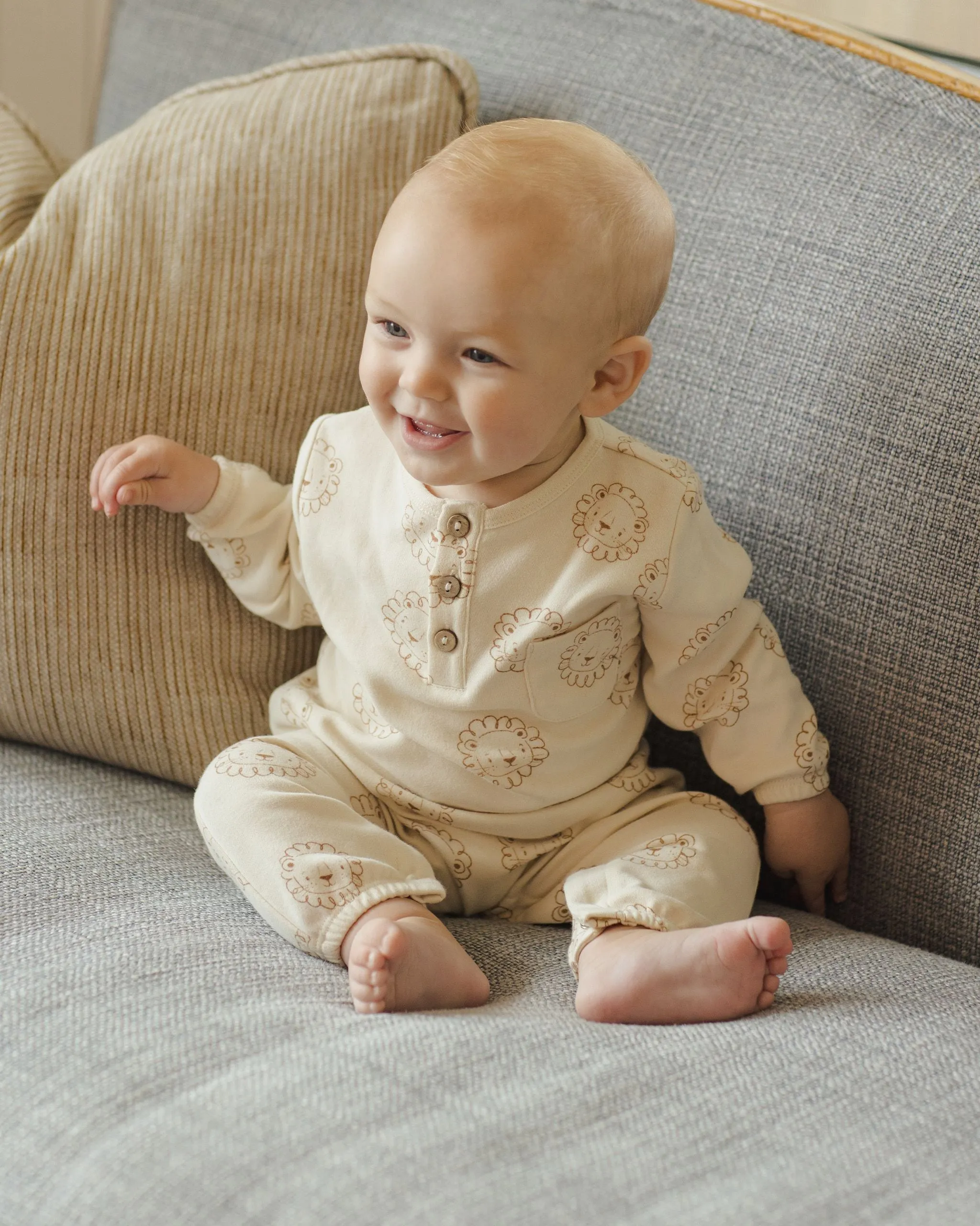 Long Sleeve Pocket Jumpsuit Lions - Natural by Quincy Mae - FINAL SALE