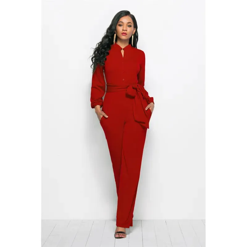 Lotti - Slim elegance wijd uitlopende riem met V-hals jumpsuit