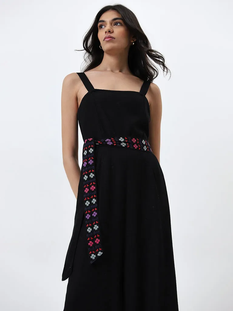LOV Black Floral Embroidered Jumpsuit