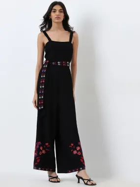 LOV Black Floral Embroidered Jumpsuit