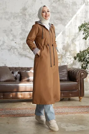 MDS Women Checked Striped Pattern Long Trench Coat - Tan - Messina