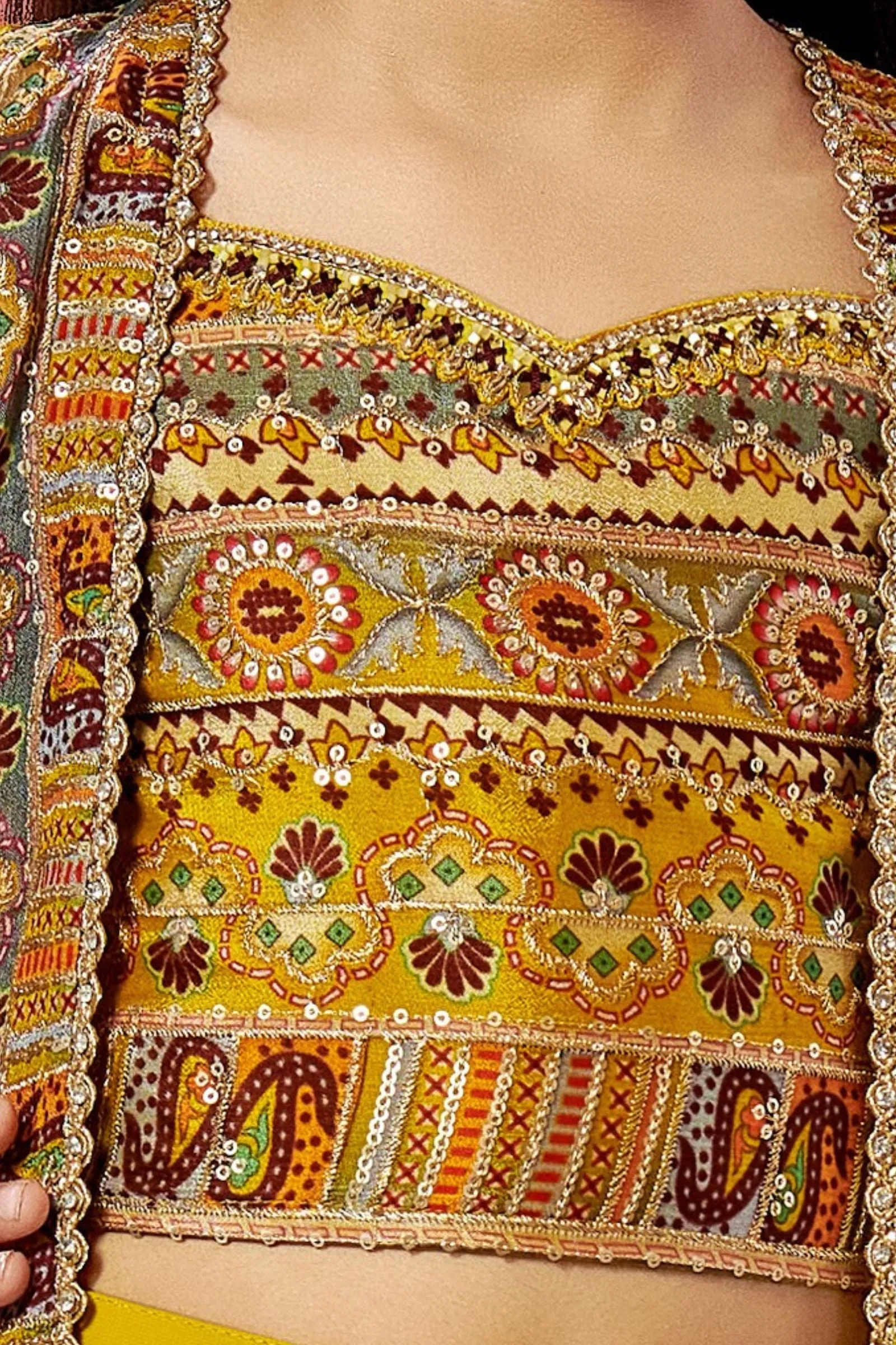 Mustard Yellow Multicolor Digital Print Overcoat Styled Palazzo Set for Girls