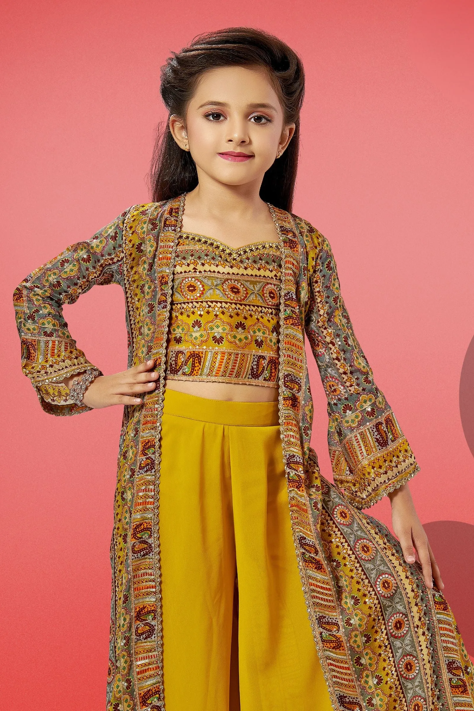Mustard Yellow Multicolor Digital Print Overcoat Styled Palazzo Set for Girls