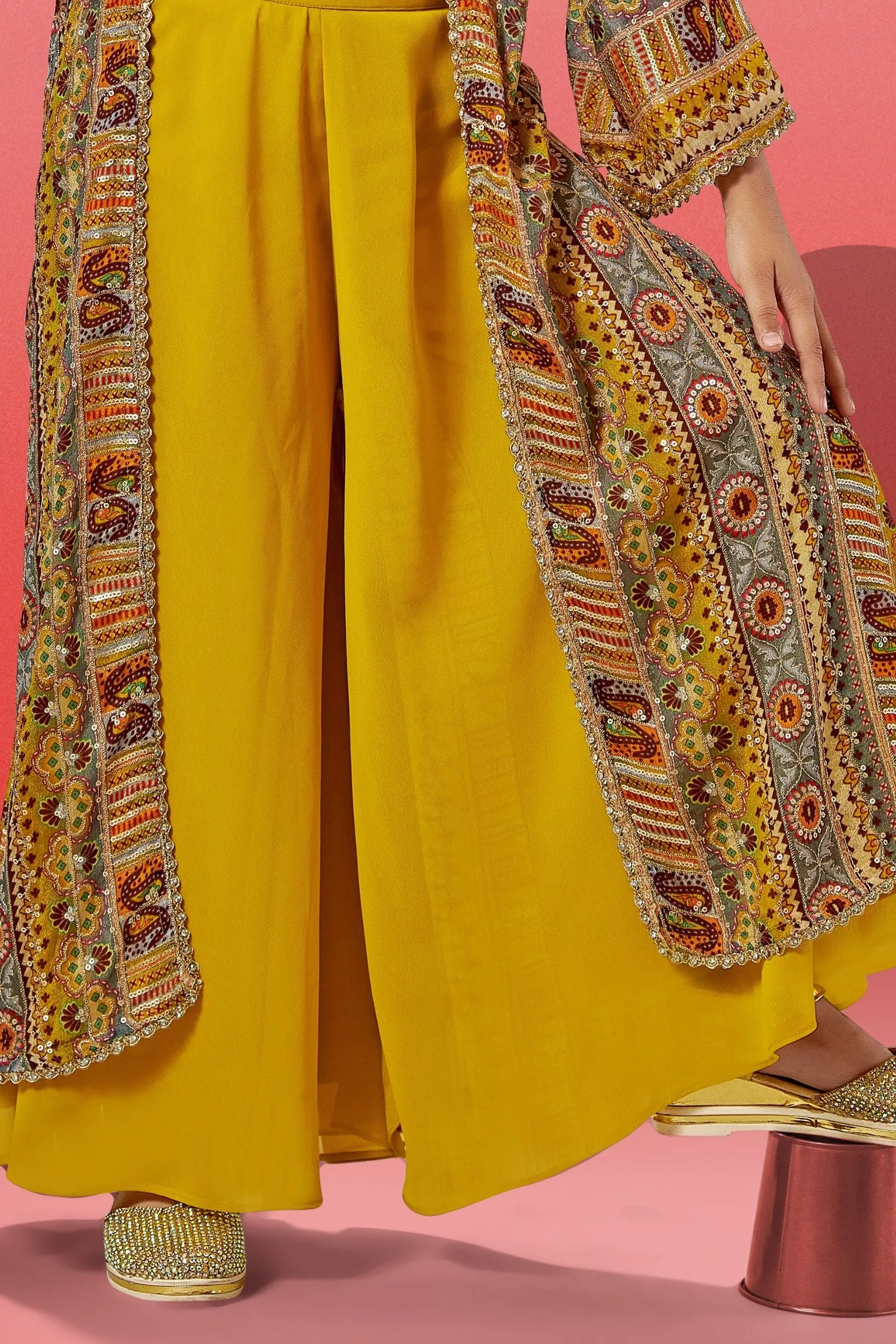 Mustard Yellow Multicolor Digital Print Overcoat Styled Palazzo Set for Girls