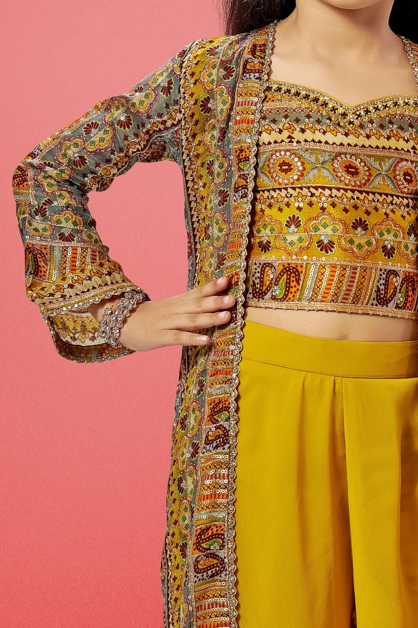 Mustard Yellow Multicolor Digital Print Overcoat Styled Palazzo Set for Girls