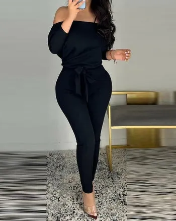 Off-Shoulder Jumpsuit with Waist Tie | CozyCouture®