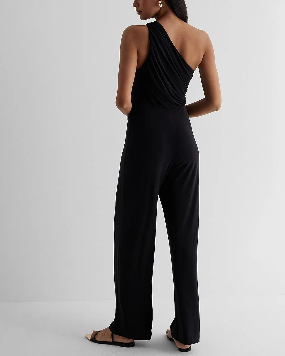 One Shoulder Ruched Wide Leg Jumpsuit in Pitch Black