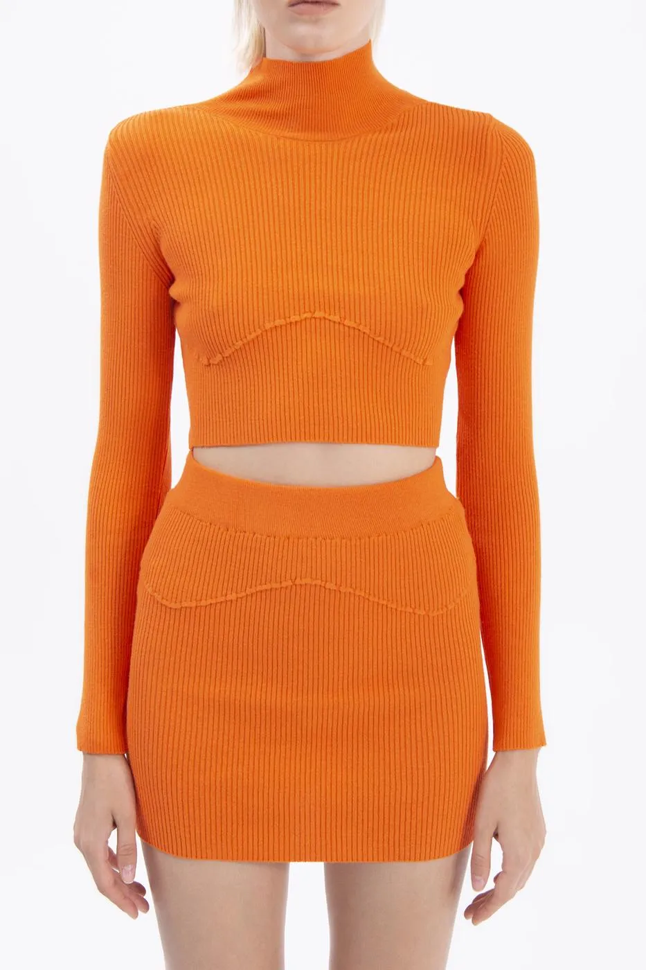 Orange Stand Collar Crop Knitted Blouse