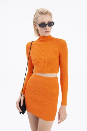 Orange Stand Collar Crop Knitted Blouse