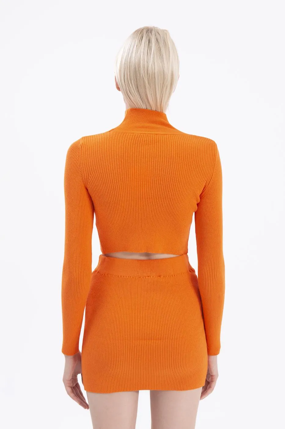 Orange Stand Collar Crop Knitted Blouse