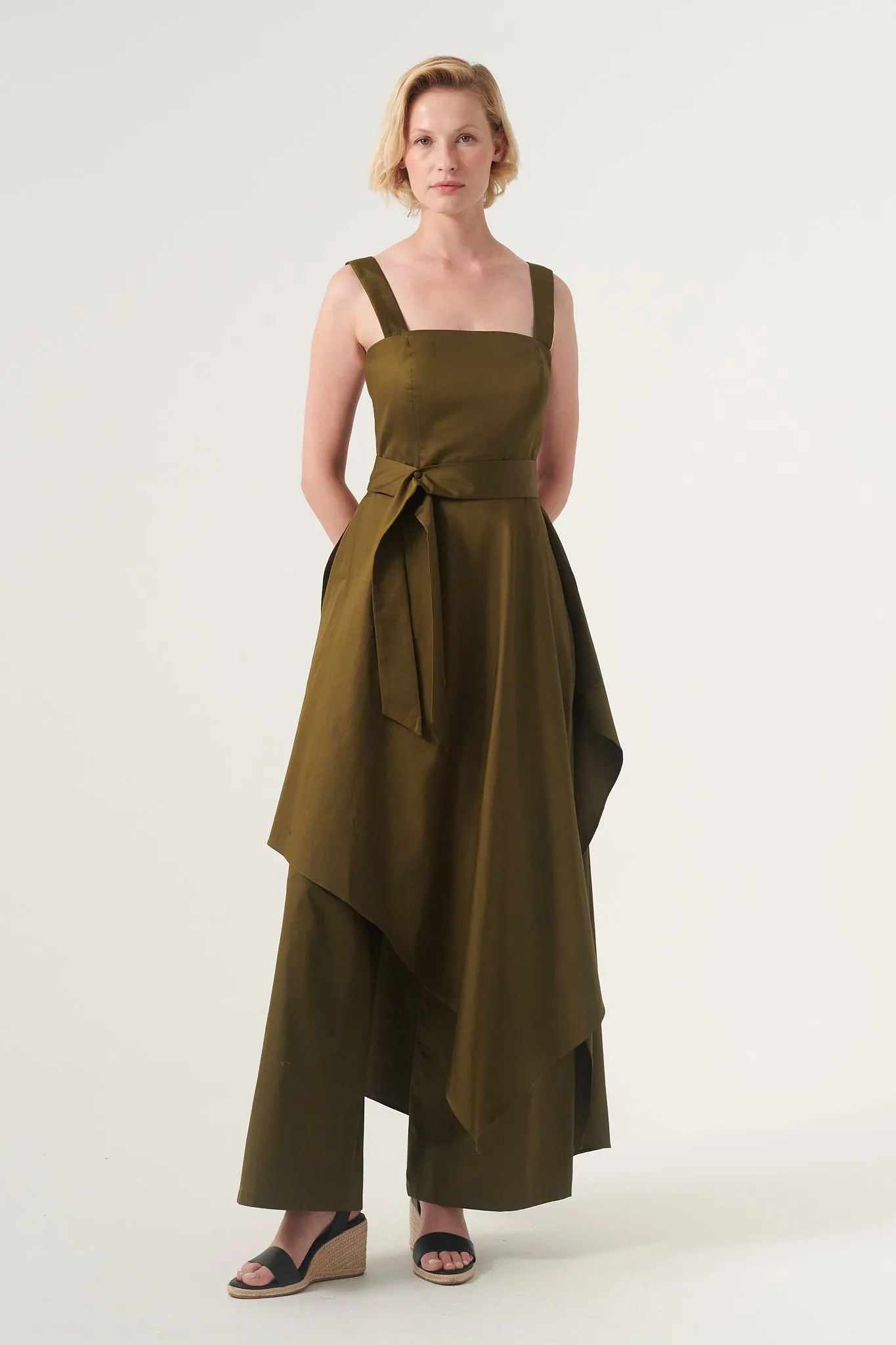 Overskirt Jumpsuit attached belt Wide leg pants Invisible side zipper and hook
