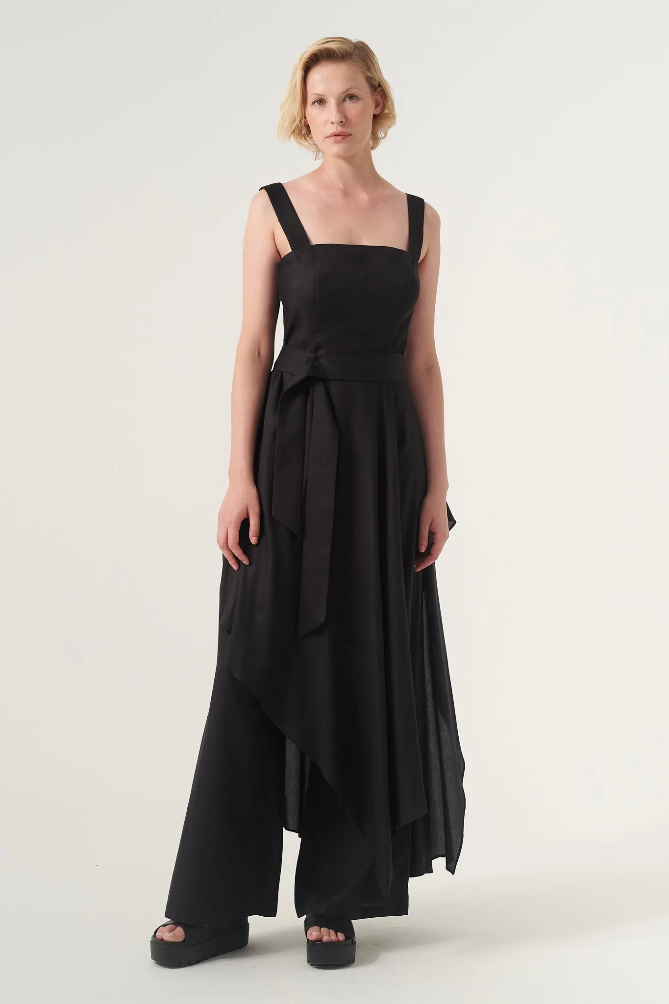 Overskirt Jumpsuit attached belt Wide leg pants Invisible side zipper and hook