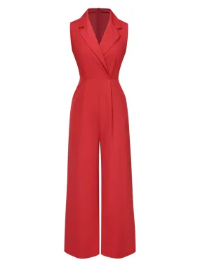 Red 1930s Solid Lapel Wide Leg Jumpsuit