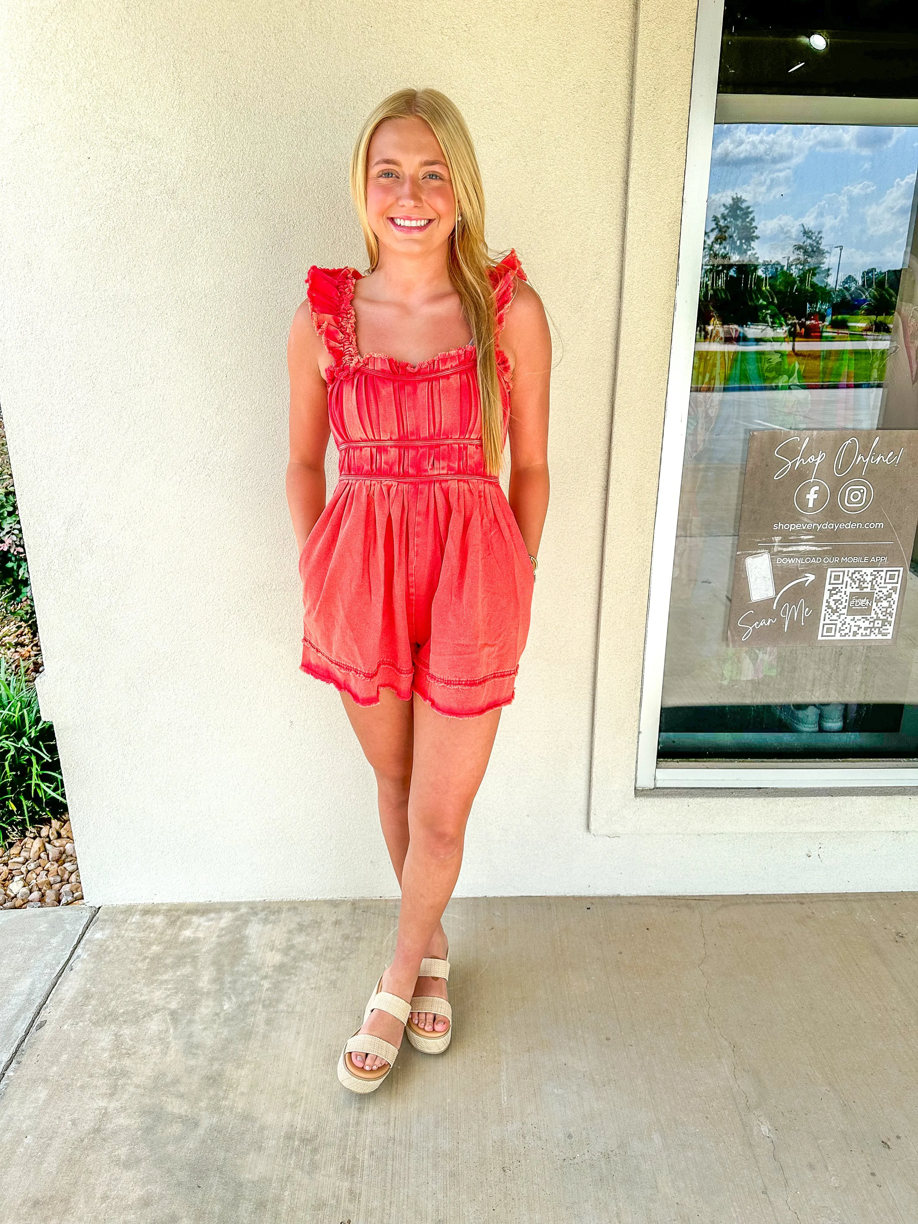 Red Mineral Washed Cotton Twill Denim Pleated Romper