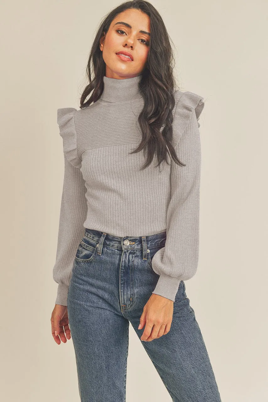 Ribbed Ruffle Slv Turtleneck Sweater