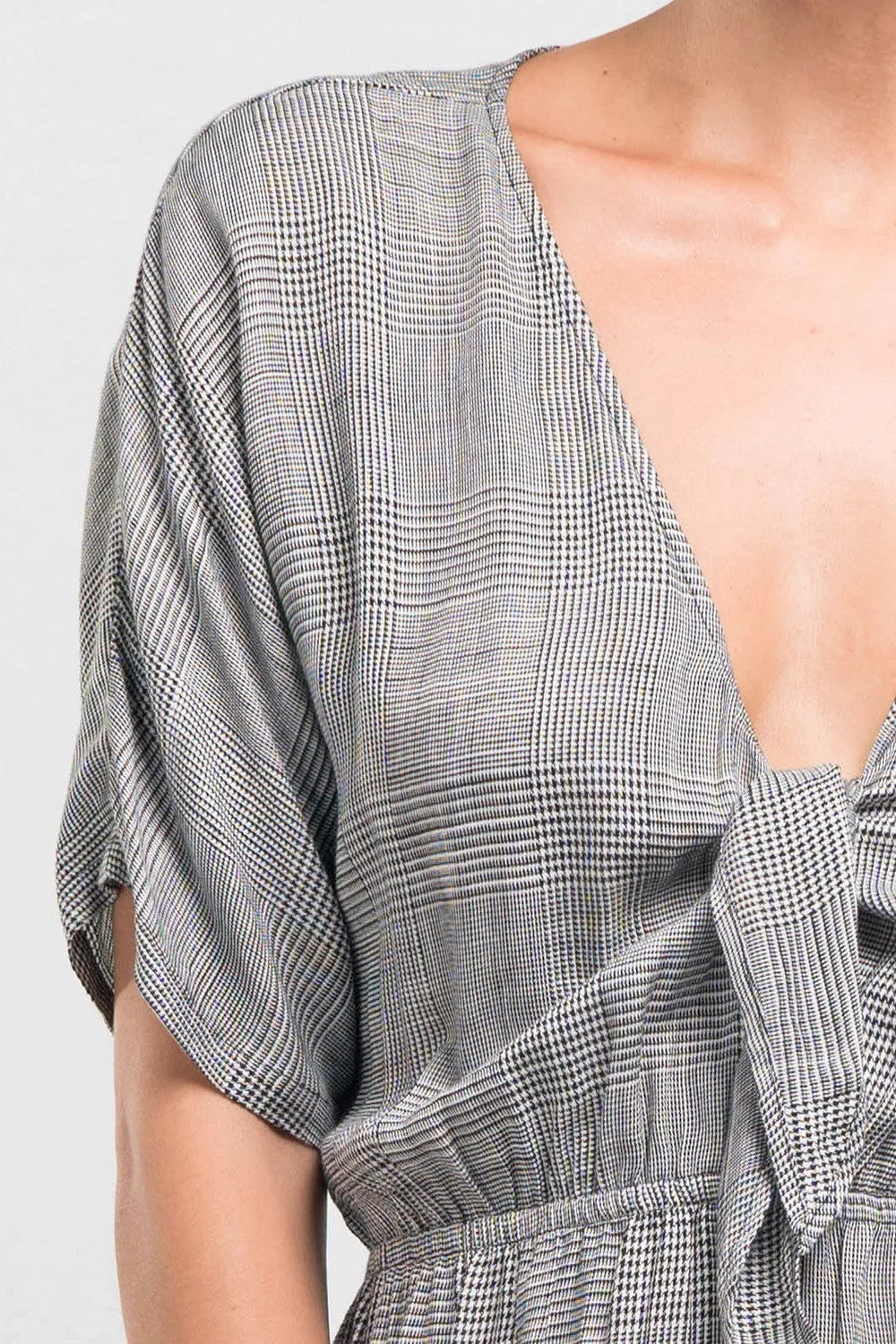 Short Sleeve Tie Front Retro Plaid Jumpsuit