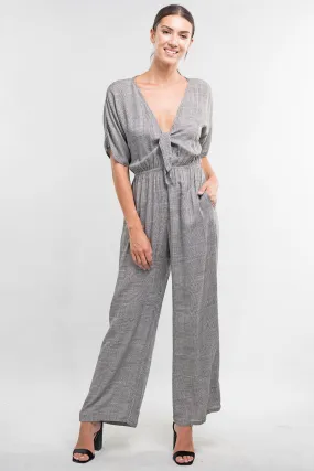 Short Sleeve Tie Front Retro Plaid Jumpsuit