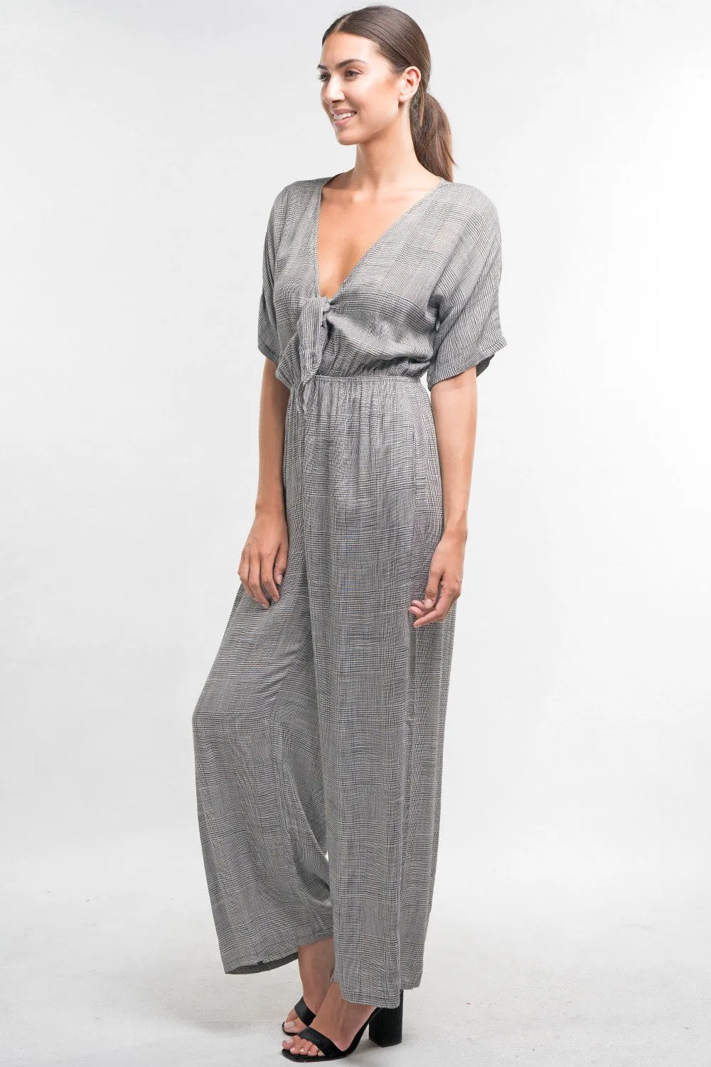 Short Sleeve Tie Front Retro Plaid Jumpsuit
