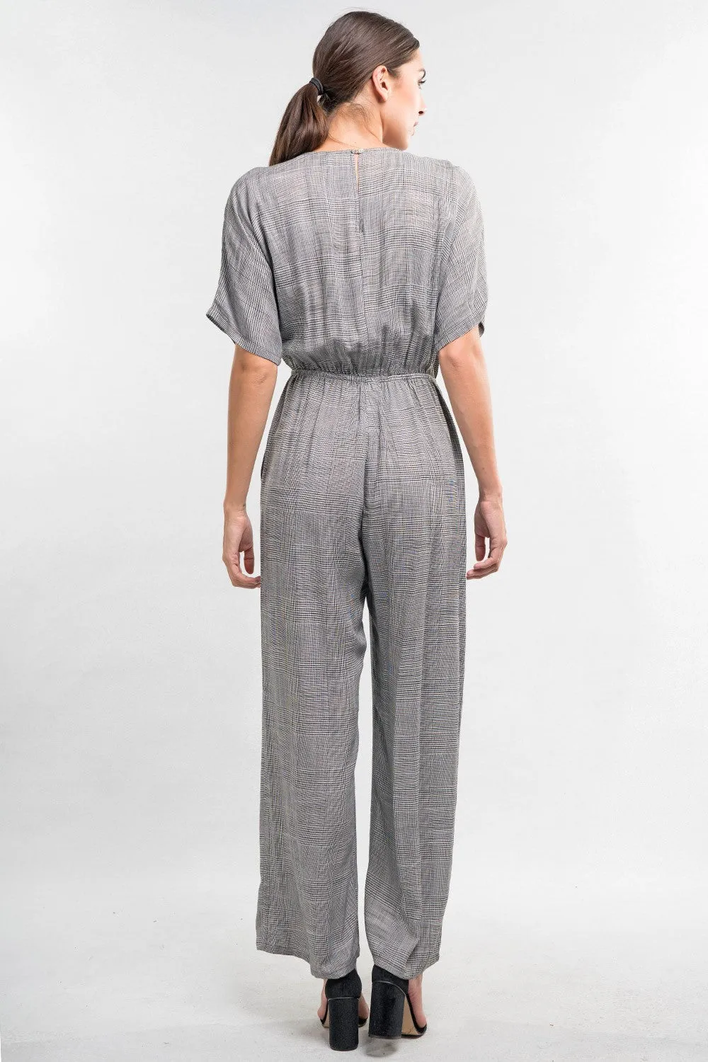 Short Sleeve Tie Front Retro Plaid Jumpsuit