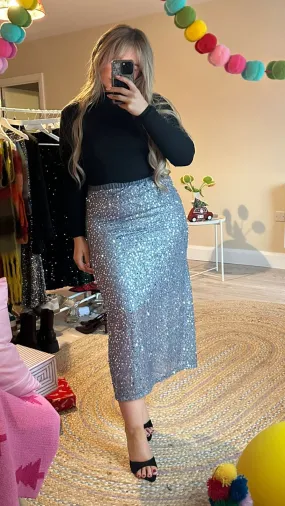 Silver Sequin Pull on Midi Skirt
