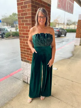 Simply Radiant Hunter Green Velvet Strapless Jumpsuit with Sequin Bodice
