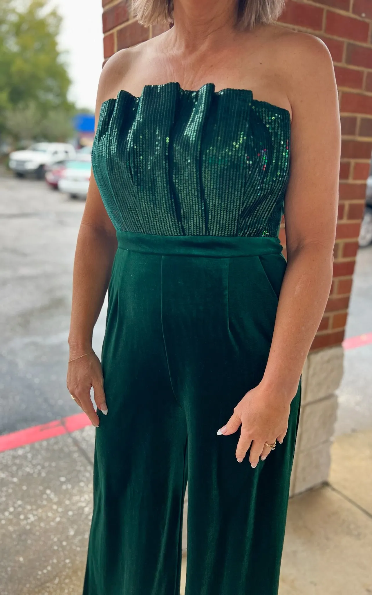 Simply Radiant Hunter Green Velvet Strapless Jumpsuit with Sequin Bodice