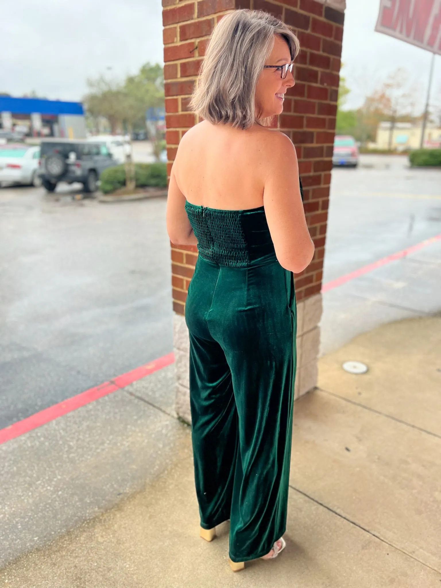 Simply Radiant Hunter Green Velvet Strapless Jumpsuit with Sequin Bodice