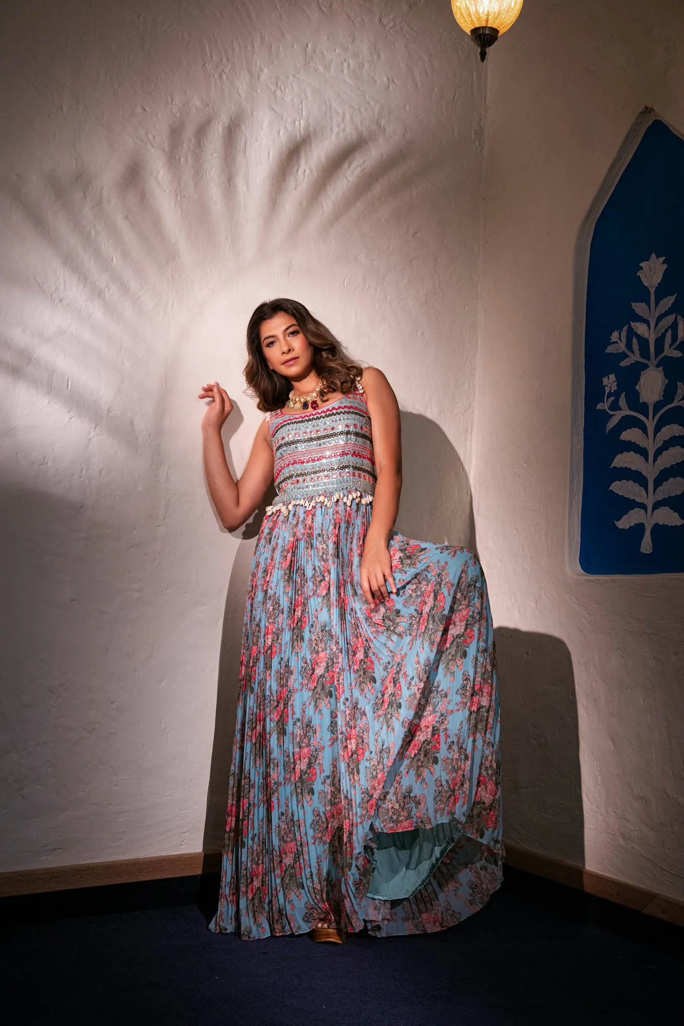Sky Blue Georgette Thread & Mirror Work Jumpsuit