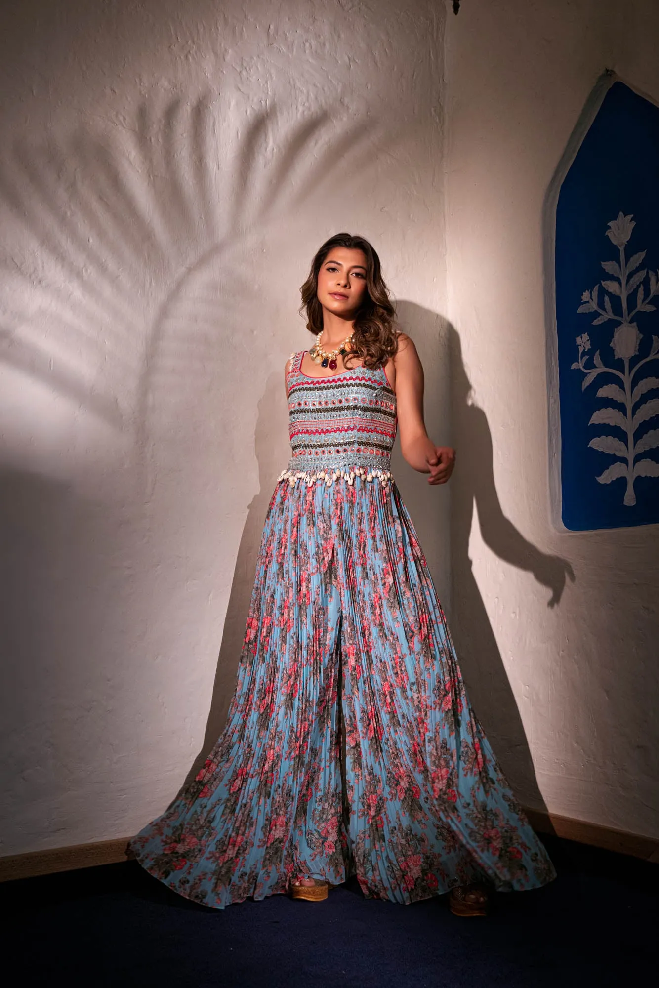 Sky Blue Georgette Thread & Mirror Work Jumpsuit