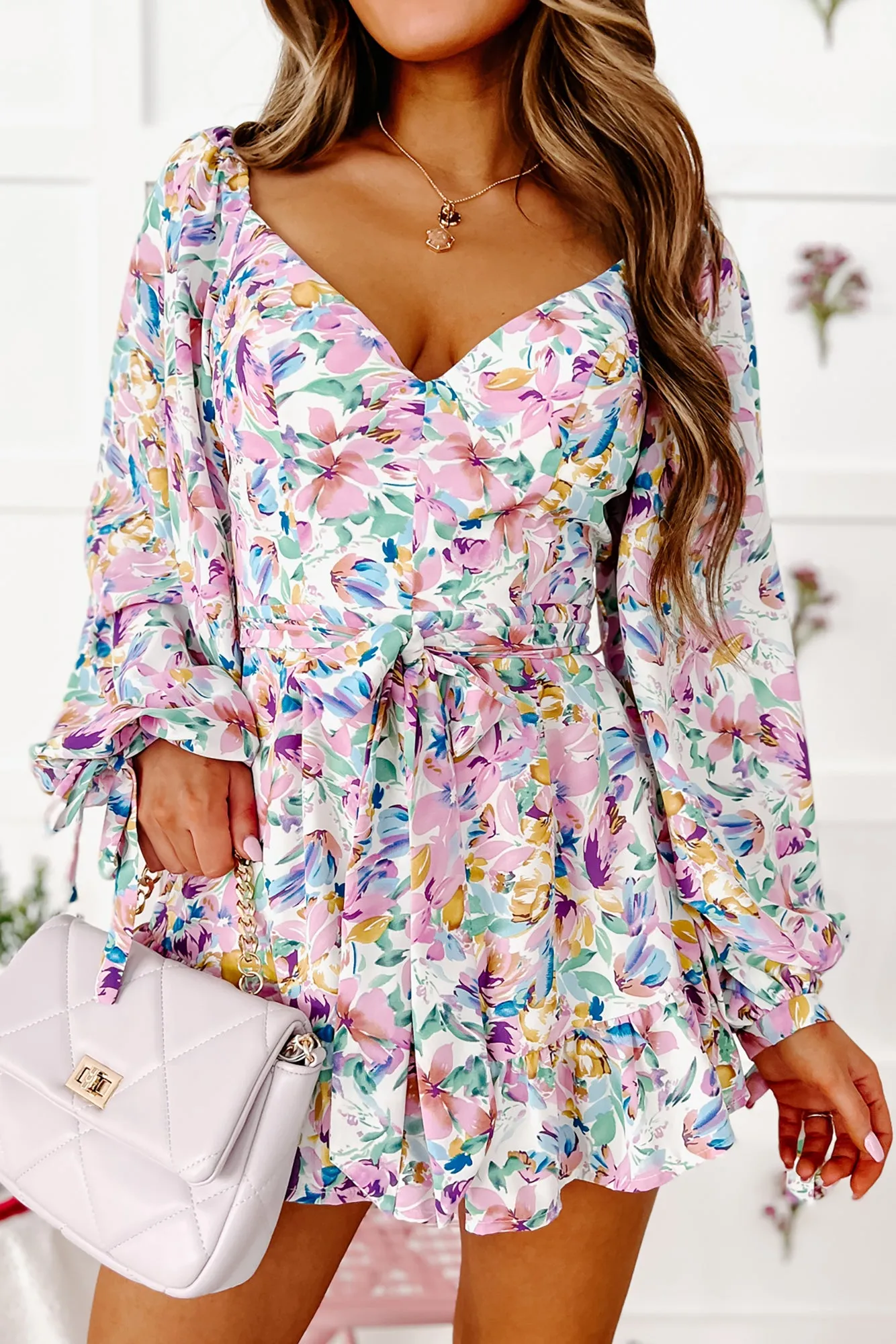 Spring Sweetie Long Sleeve Floral Romper (White Multi)