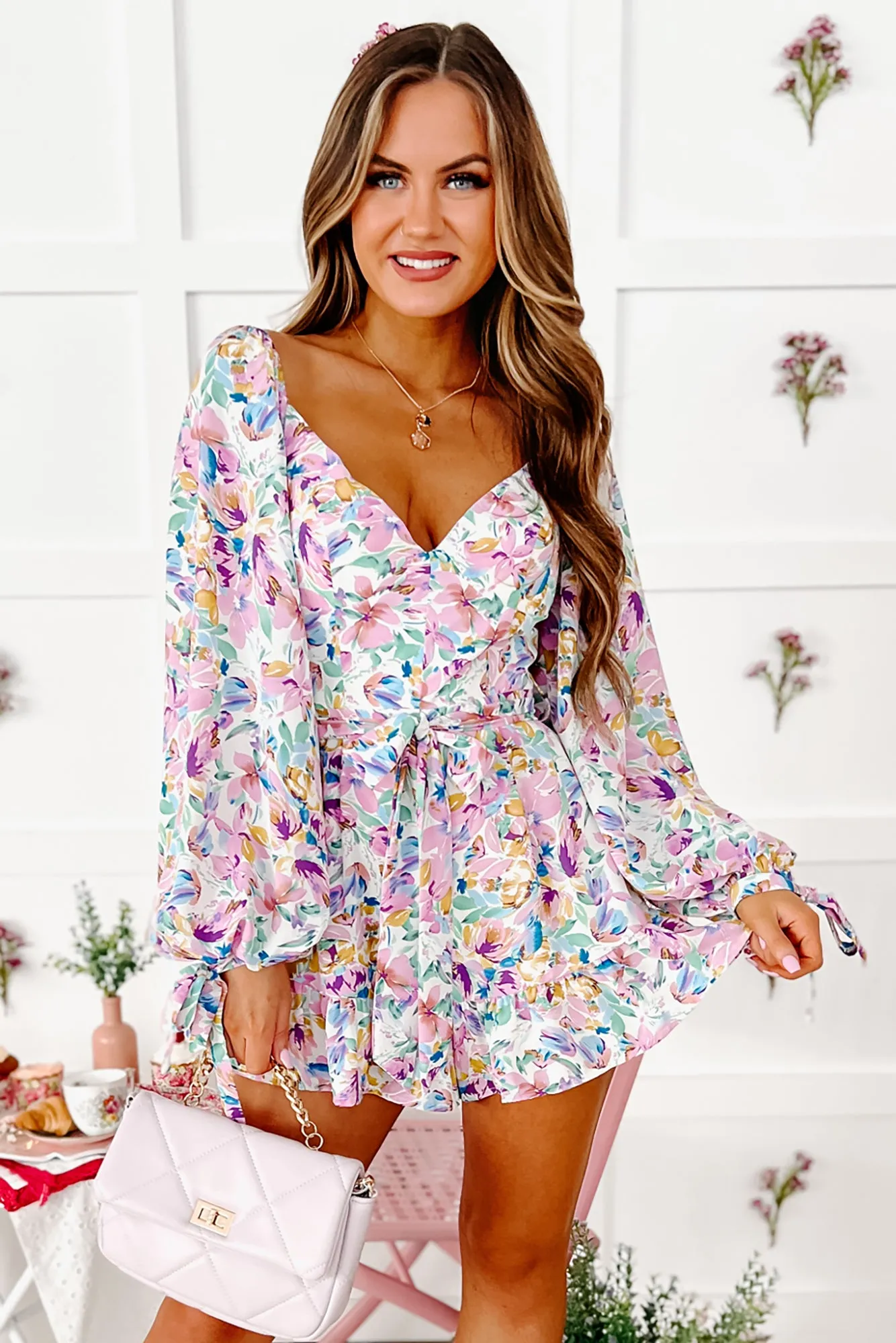 Spring Sweetie Long Sleeve Floral Romper (White Multi)