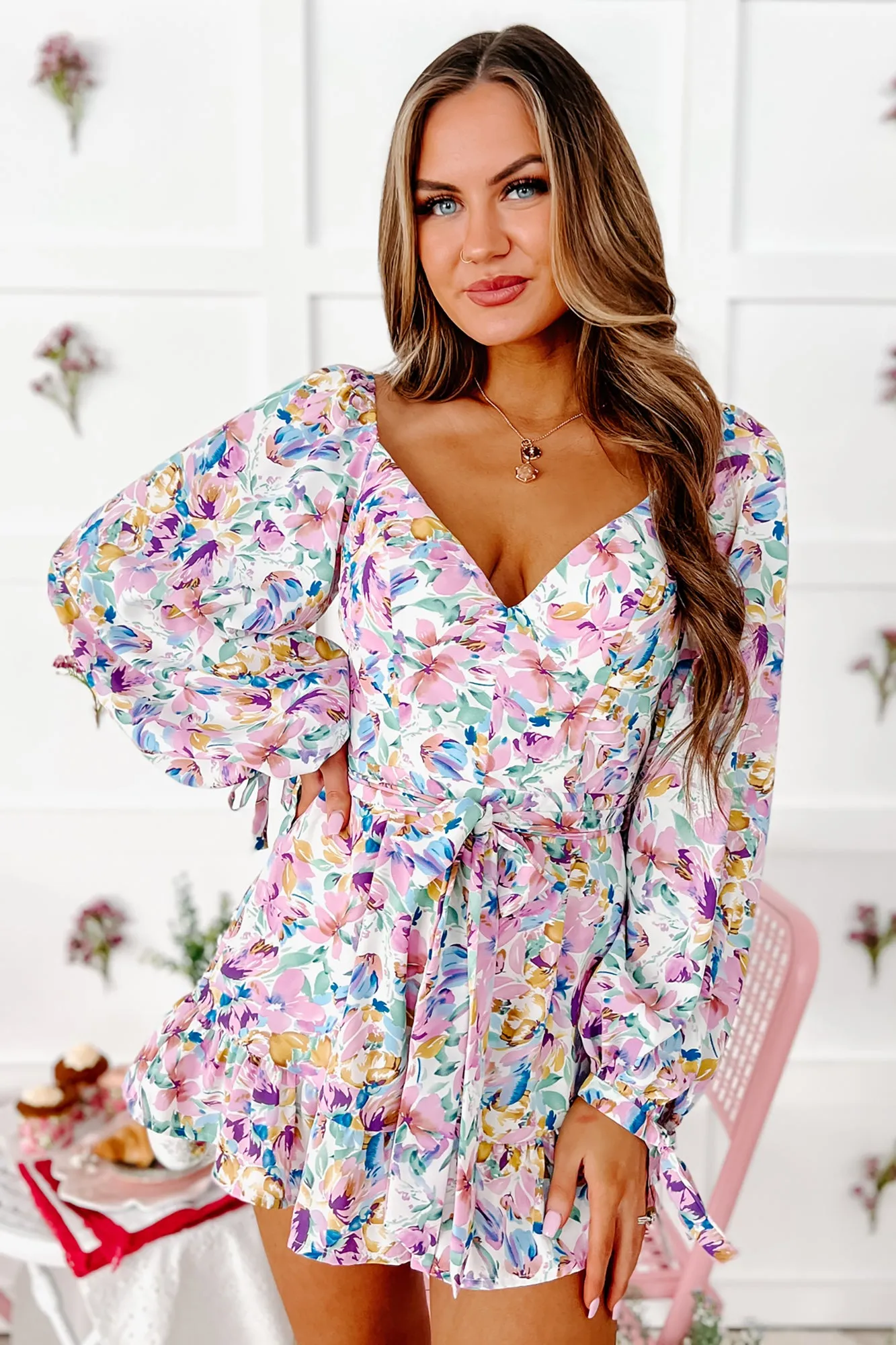 Spring Sweetie Long Sleeve Floral Romper (White Multi)