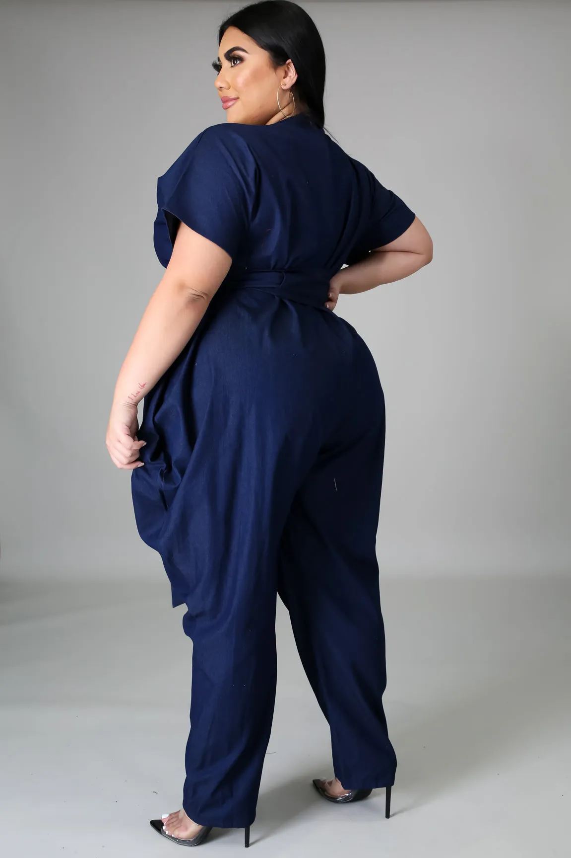 Stretch Denim Belted Jumpsuit