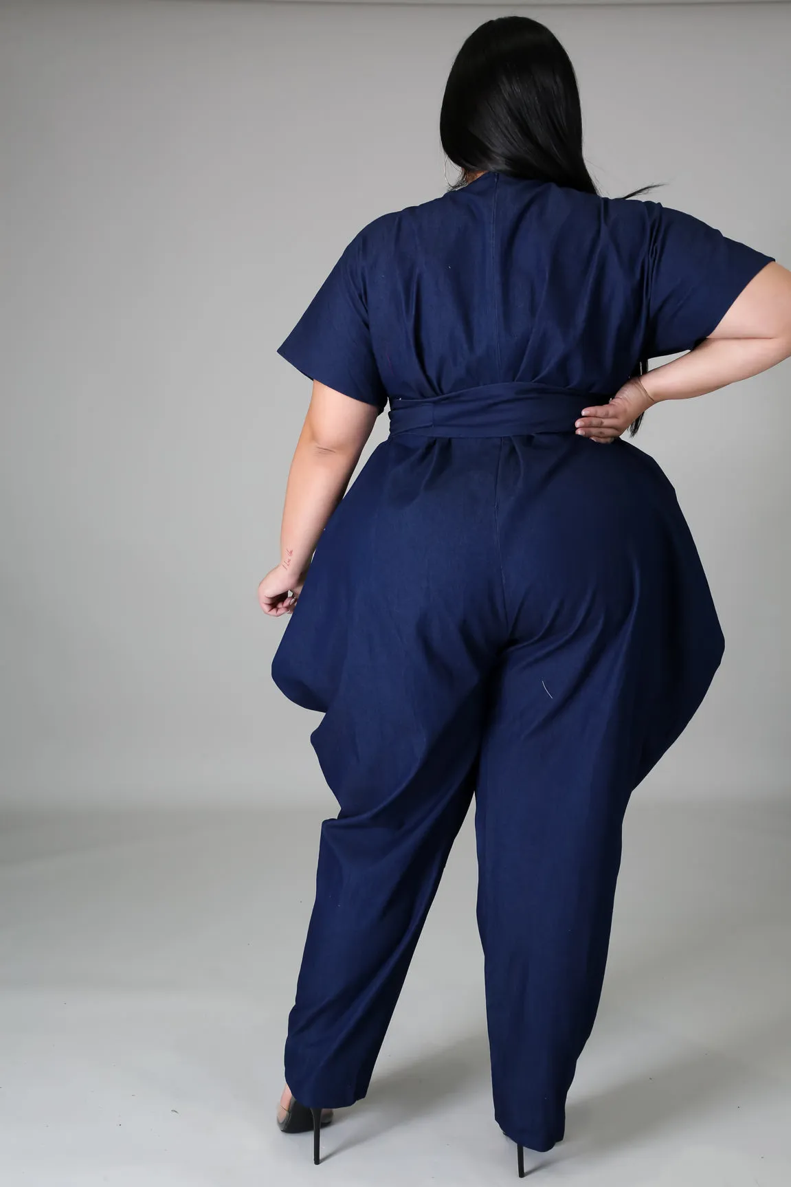 Stretch Denim Belted Jumpsuit