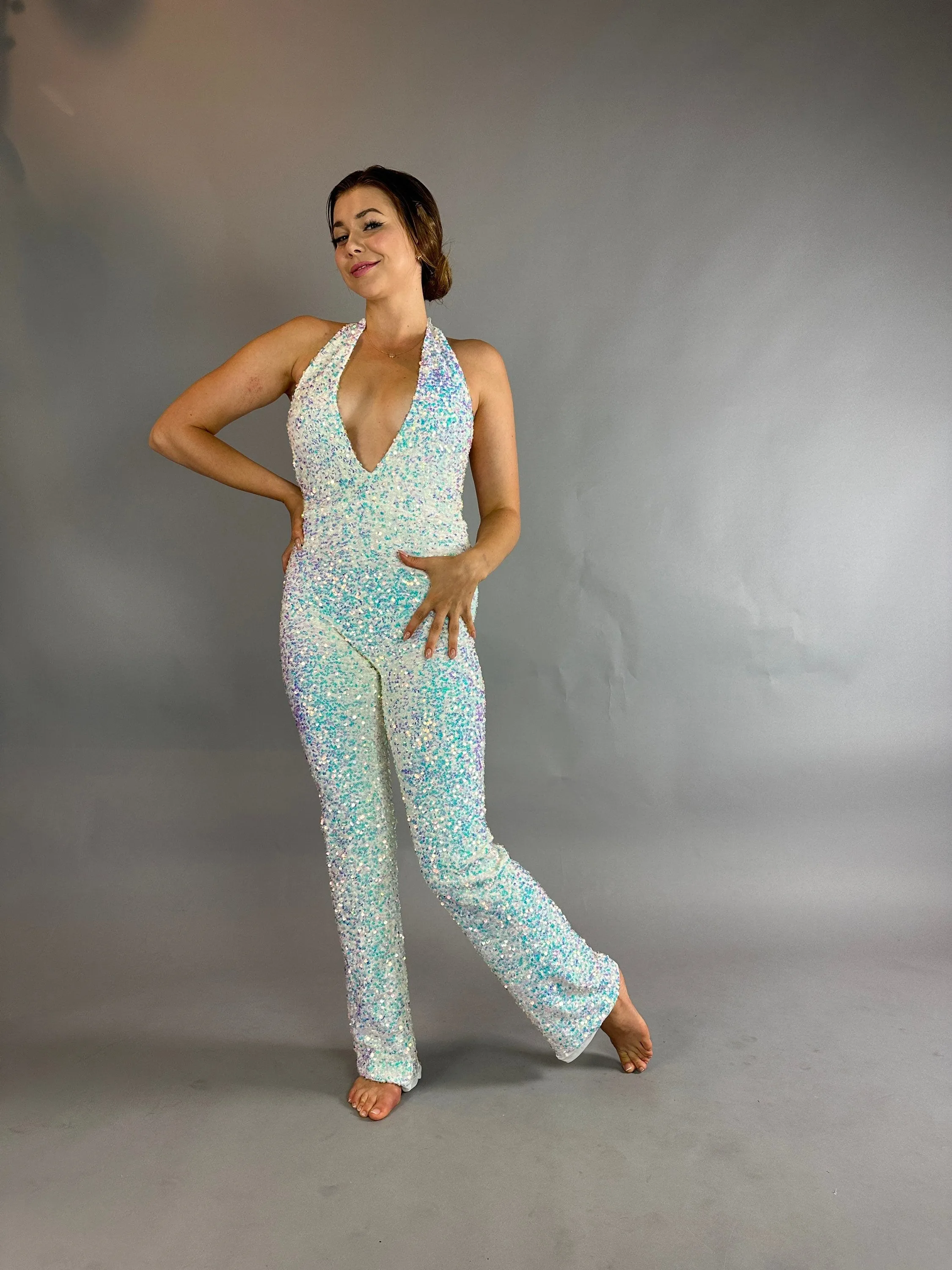 Swan Sparkly Jumpsuit, Sleeveless, Open Back Design
