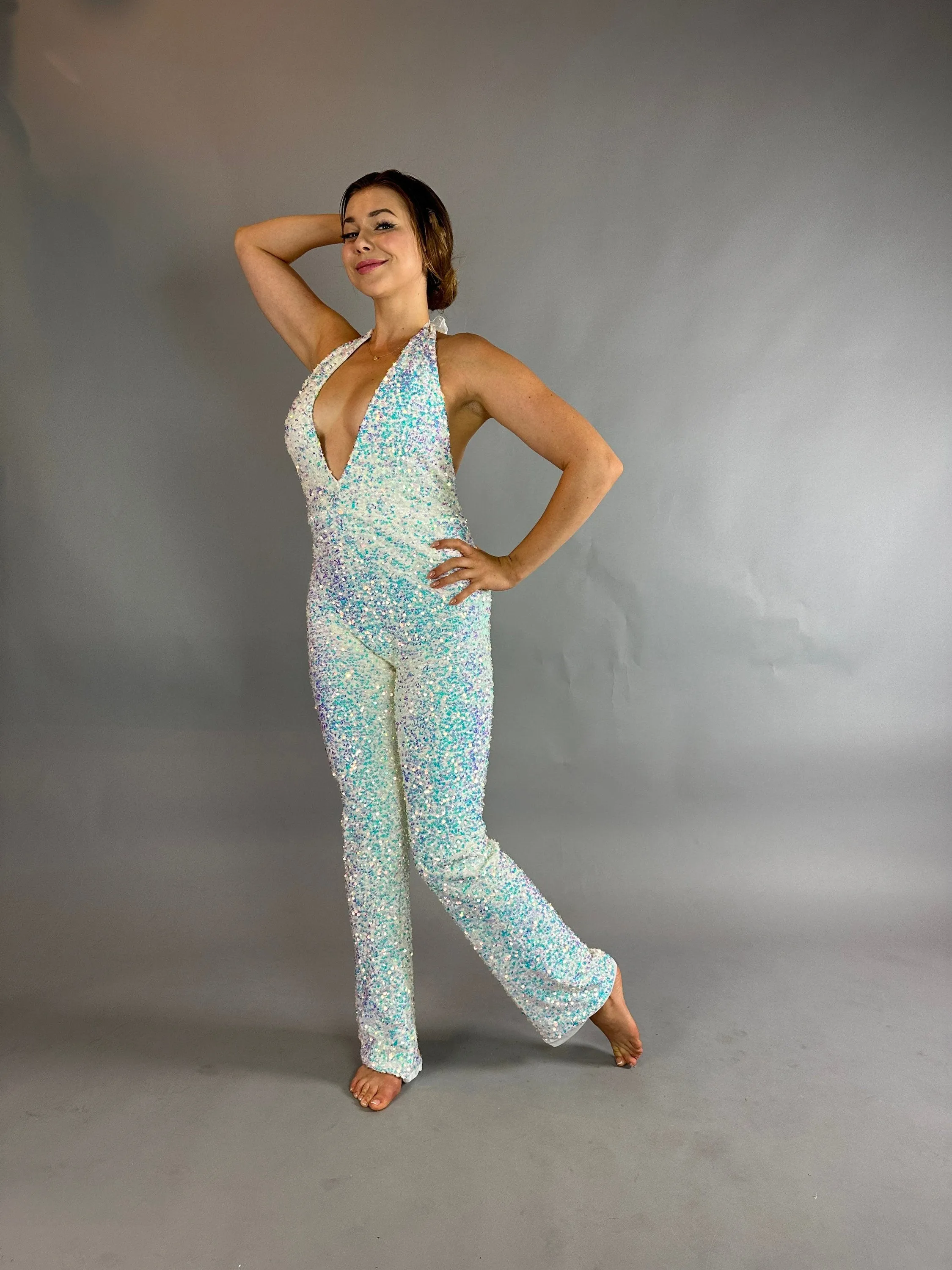 Swan Sparkly Jumpsuit, Sleeveless, Open Back Design