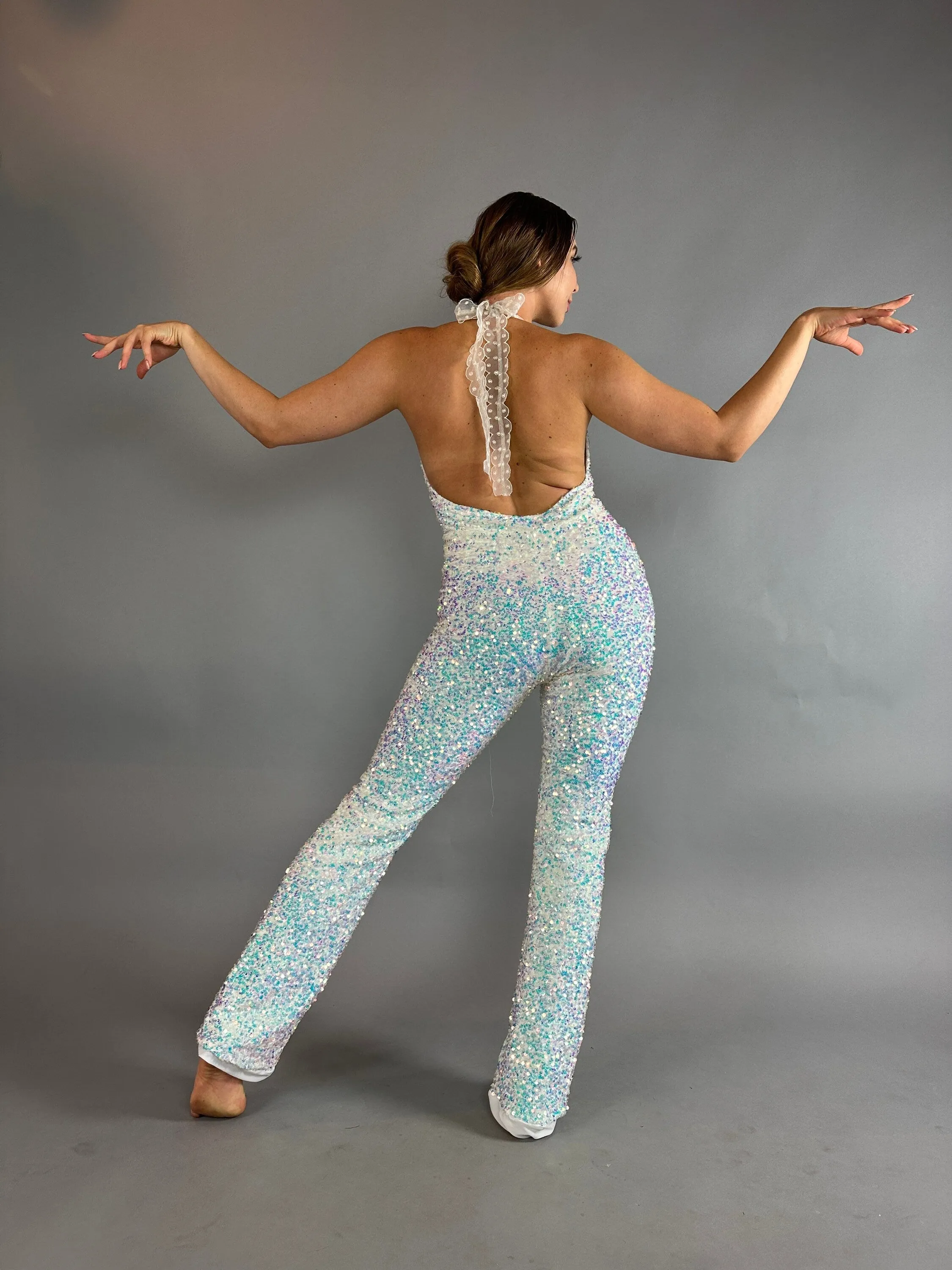 Swan Sparkly Jumpsuit, Sleeveless, Open Back Design