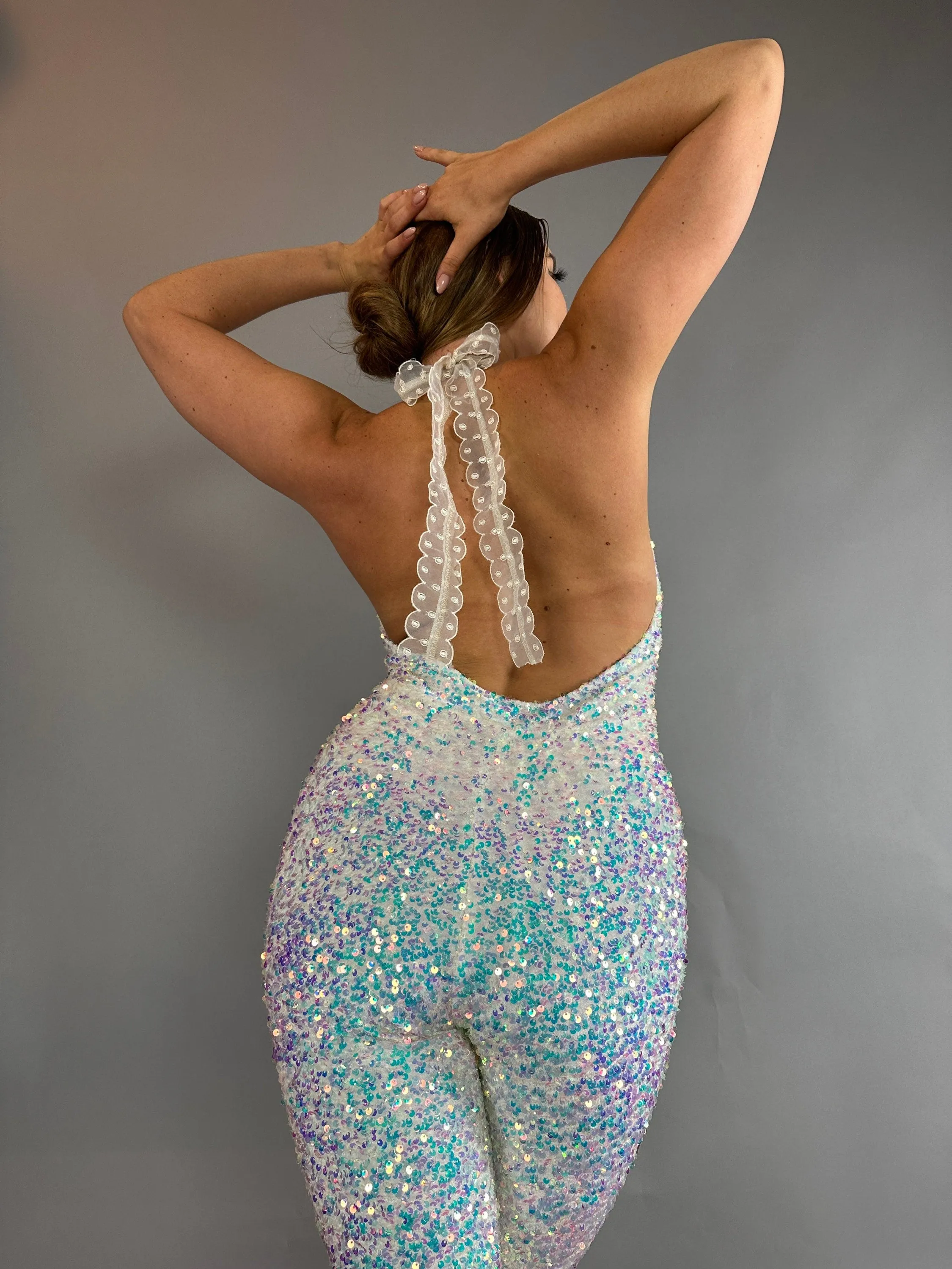 Swan Sparkly Jumpsuit, Sleeveless, Open Back Design
