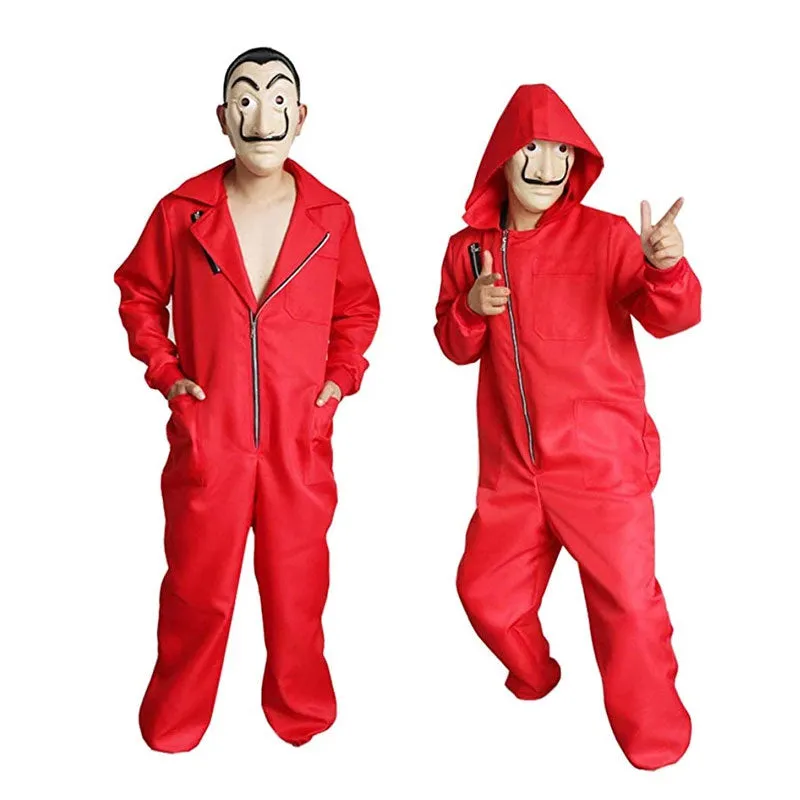 Unisex LA CASA De Papel Money Red Jumpsuit Hoodie with Mask Halloween Costume Kids Adults