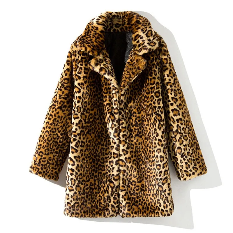Women Leopard Coat Trench Fluffy Jacket