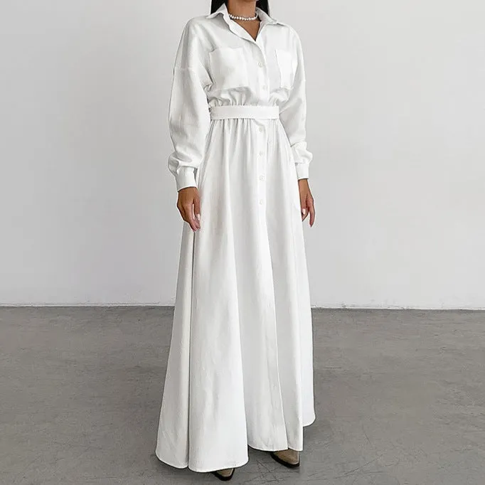 Women's French Collar Slim Shirt Dress - Elegant White Fitted Dress for Everyday Wear