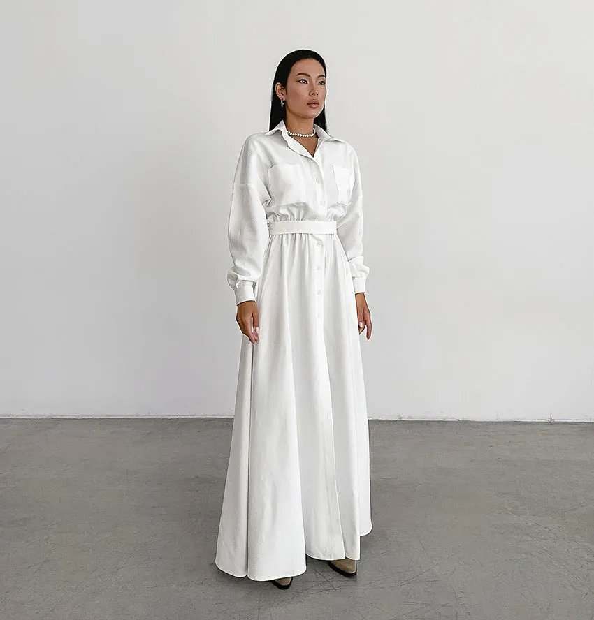 Women's French Collar Slim Shirt Dress - Elegant White Fitted Dress for Everyday Wear