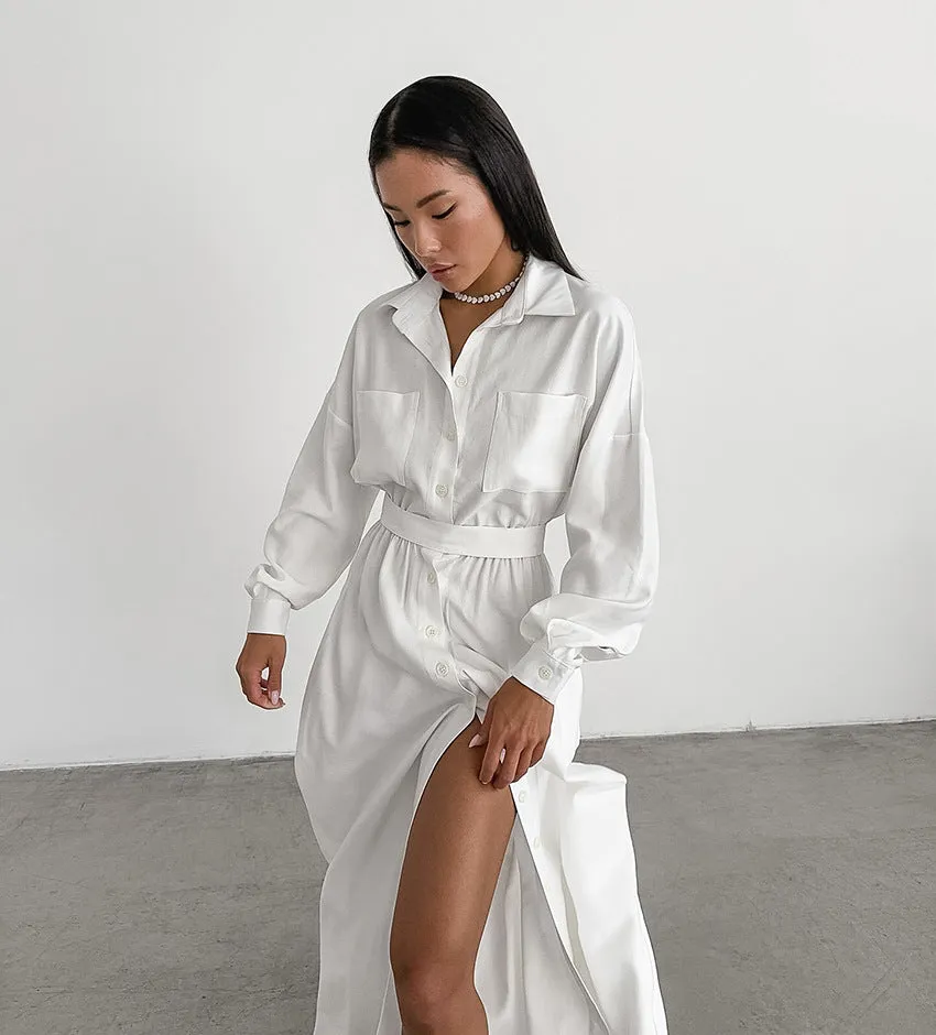 Women's French Collar Slim Shirt Dress - Elegant White Fitted Dress for Everyday Wear