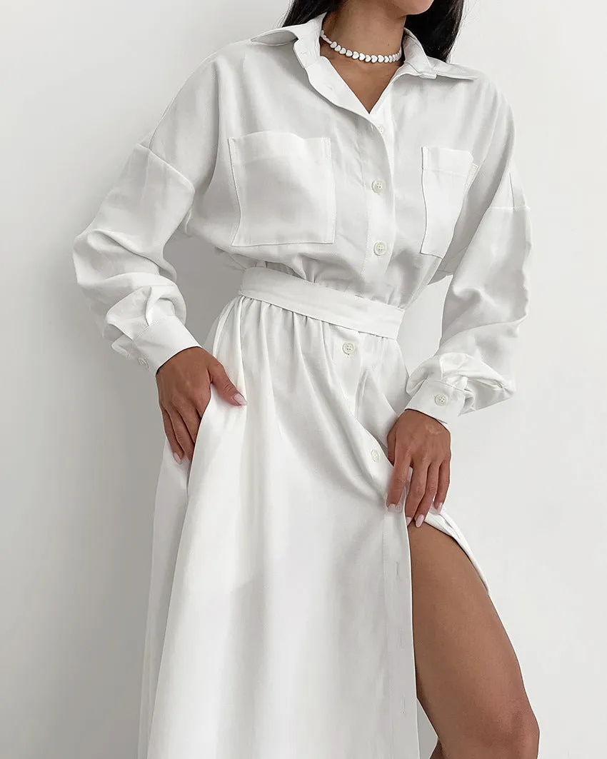 Women's French Collar Slim Shirt Dress - Elegant White Fitted Dress for Everyday Wear