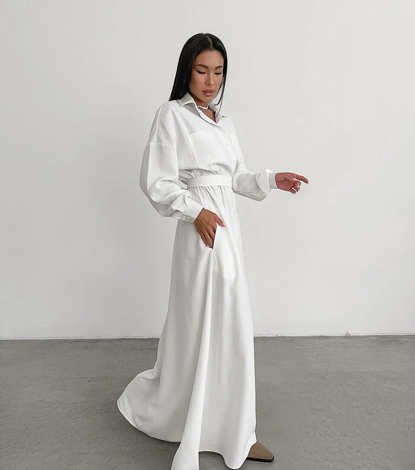 Women's French Collar Slim Shirt Dress - Elegant White Fitted Dress for Everyday Wear