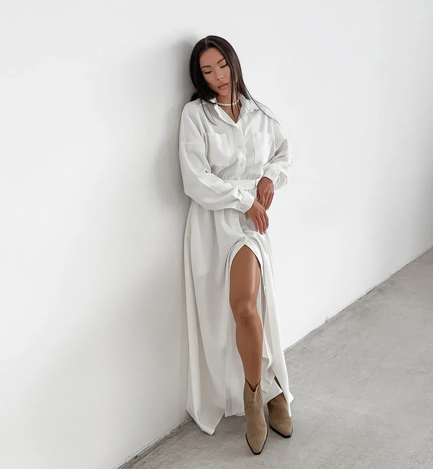 Women's French Collar Slim Shirt Dress - Elegant White Fitted Dress for Everyday Wear